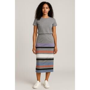 ASOS Skirt Womens US 8 UK 12 Gray Multicolor Striped Stretch Pull On Casual Midi